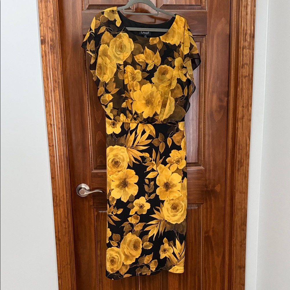 Connected Apparel Black and Gold Floral Midi Dress